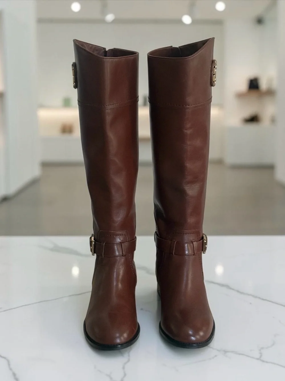 Tory Burch Chestnut Brown Leather Tall Riding Boots with Gold Logo Size 9.5